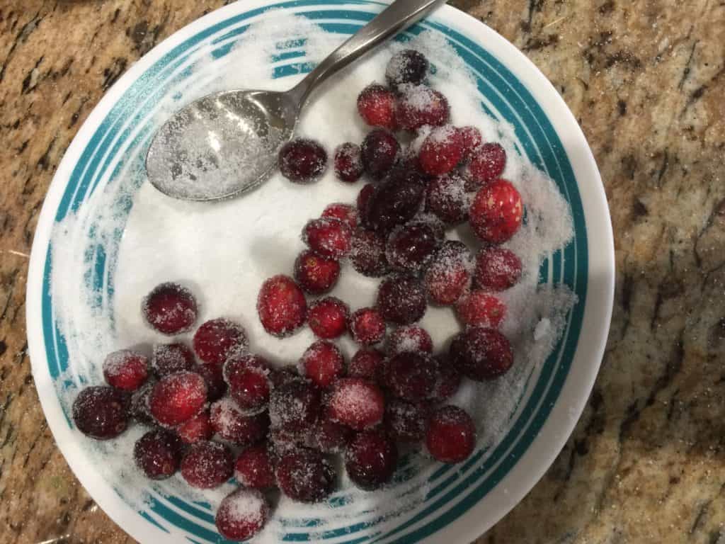 plate of cranberries and sugar with a spoon on a granite countertop
