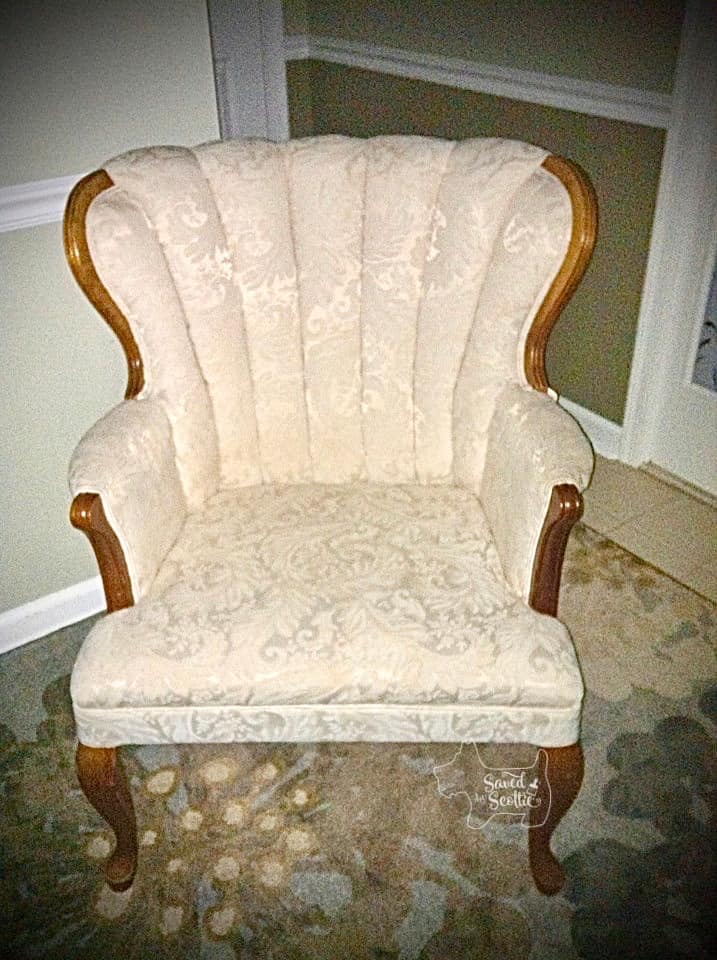 white wingback chair before painting. Wood legs and arms