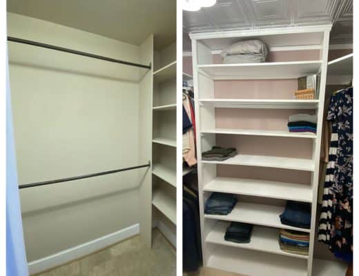 before and after of closet makeover main wall